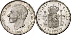 1882*1882. Alfonso XII. MSM. 5 pesetas. (AC. 51). Muy bella. Brillo original. Rara así. 24,98 g. S/C-.