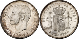 1885*1887. Alfonso XII. MSM. 5 pesetas. (AC. 62). Leves marquitas. Bella. Brillo original. Escasa así. 25,12 g. EBC+.