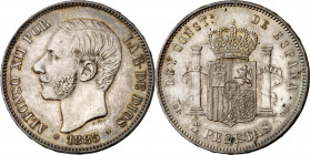 1885*1887. Alfonso XII. MPM. 5 pesetas. (AC. 63). Bella. Preciosa pátina. Escasa así. 24,93 g. EBC+.