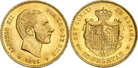 1885*1885. Alfonso XII. MSM. 25 pesetas. (AC. 90). Leves marquitas. Bella. Brillo original. Rara y más así. 8,08 g. EBC+.