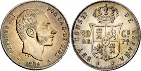 1884. Alfonso XII. Manila. 20 centavos. (AC. 110). Preciosa pátina. Brilo original. Rara y más así. 5,12 g. S/C-.