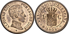 1906*6. Alfonso XIII. SMV. 1 céntimo. (AC. 1). Mínimo defecto de acuñación en canto. Bella. Brillo original. Rara y más así. 0,99 g. S/C-.