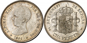1891*1891. Alfonso XIII. PGM. 1 peseta. (AC. 53). Mínimas marquitas. Bella. Pleno brillo original. Muy rara así. 5,01 g. S/C-.