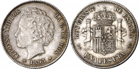 1893*1893. Alfonso XIII. PGL. 1 peseta. (AC. 54). Leves marquitas. Bella. Preciosa pátina. Rara así. 4,98 g. EBC+.