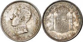 1905*1905. Alfonso XIII. SMV. 1 peseta. (AC. 70). Mínimas rayitas. Bella. Preciosa pátina. Rara y más así. 4,92 g. EBC+.