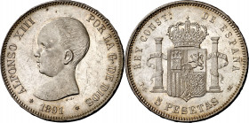 1891*1891. Alfonso XIII. PGM. 5 pesetas. (AC. 98). Mínimas marquitas. Bella. Brillo original. Rara así. 24,99 g. EBC+.
