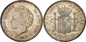 1893*1893. Alfonso XIII. PGL. 5 pesetas. (AC. 102). Leves marquitas. Pátina. Bella. Escasa así. 24,96 g. EBC+.