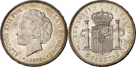 1894*1894. Alfonso XIII. PGV. 5 pesetas. (AC. 104). Bella. Brillo original. Rara así. 24,82 g. EBC+.