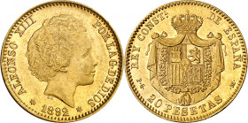 1892*1892. Alfonso XIII. PGM. 20 pesetas. (AC. 115). Tipo "bucles". Mínimas rayitas. Bella. Brillo original. Muy rara y más así. 6,44 g. EBC.