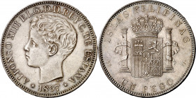 1897. Alfonso XIII. Manila. SGV. 1 peso. (AC. 122). Leves golpecitos. Atractiva. Muy escasa así. 25,01 g. EBC+.