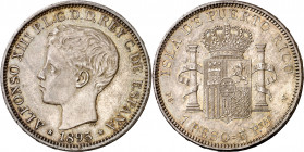 1895. Alfonso XIII. Puerto Rico. PGV. 1 peso. (AC. 128). Mínimos golpecitos. Bella. Parte de brillo original. Rara y más así. 25,03 g. EBC+.