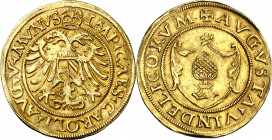 * Alemania. s/d (1517-58). 1 goldgulden. (Fr. 43) (Kr. 28). Augsburgo. A nombre de Carlos V, I de España. Moneda exenta de pago de tasas de exportació...