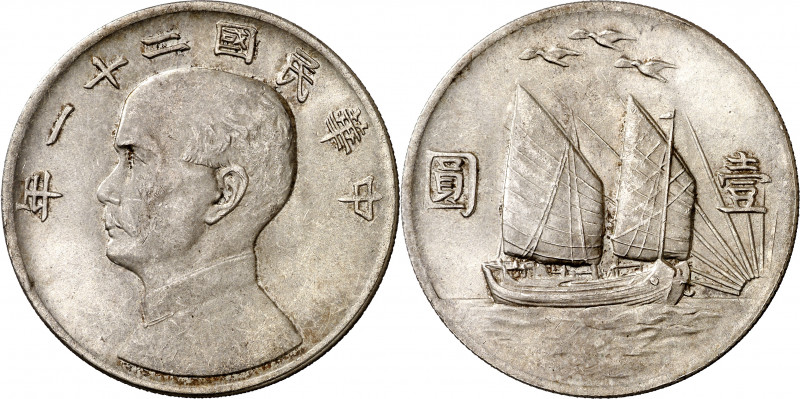 China. Año 21 (1932). 1 dólar. (Kr. 344). Sun Yat-sen. Aves sobrevolando el junc...