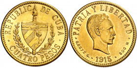 Cuba. 1915. 4 pesos. (Fr. 5) (Kr. 18). Mínimas marquitas. Bella. Brillo original. Muy rara y más así. AU. 6,66 g. S/C-.