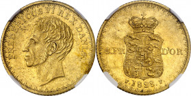 Dinamarca. 1828. Federico VI. IC-FF. 2 federicos de oro. (Fr. 286) (Kr. 700). En cápsula de la NGC como AU58, nº 961902-006. Rara. AU. EBC-.