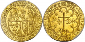Francia. Enrique VI (1422-1453). Rouen. 1 salut d'or. (Fr. 301) (D. 443a). En cápsula de la PCGS como MS62, nº 160153.62/84392207. Rara así. AU. EBC+/...