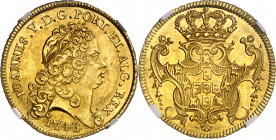Portugal. 1743. Juan V. Lisboa. 4 escudos (peça) (Fr. 86) (Gomes 127.22). En cápsula de la NGC como MS64, nº 3926058-002. Bella. Brillo original. Rara...
