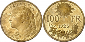 Suiza. 1925. B (Berna). 100 francos. (Kr. E5). ESSAI. Bella. Muy rara. CU. 16,05 g. S/C.