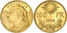 Suiza. 1925. B (Berna). 100 francos. (Fr. 502) (Kr. 39). Bella. Muy rara. AU. 32,22 g. EBC+.