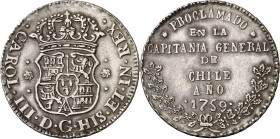 1759. Carlos III. Capitanía General de Chile. Proclamación. Módulo 4 reales. (Ha. falta) (V. falta) (Medina falta). Rarísima. ¿Única conocida?. 13,35 ...