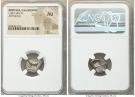 BITHYNIA. Calchedon. Ca. 387-340 BC. AR drachm (17mm). NGC AU. KAΛX, bull standing left on grain ear pointed right; caduceus and monogram to left / Qu...