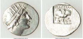 CARIAN ISLANDS. Rhodes. Ca. 88-84 BC. AR drachm (17mm, 2.48 gm, 12h). XF. Plinthophoric standard, Eragoras, magistrate. Radiate head of Helios right /...