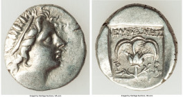 CARIAN ISLANDS. Rhodes. Ca. 88-84 BC. AR drachm (14mm, 2.57 gm, 11h). Choice XF. Plinthophoric standard, Euphanes, magistrate. Radiate head of Helios ...