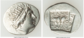 CARIAN ISLANDS. Rhodes. Ca. 88-84 BC. AR drachm (17mm, 2.54 gm, 12h). Choice XF, die shift. Plinthophoric standard, Maes, magistrate. Radiate head of ...