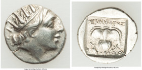 CARIAN ISLANDS. Rhodes. Ca. 88-84 BC. AR drachm (14mm, 2.07 gm, 1h). Choice XF. Plinthophoric standard, Nicephorus, magistrate. Radiate head of Helios...