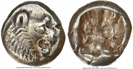LYDIAN KINGDOM. Alyattes or Walwet (ca. 610-546 BC). EL 1/12 stater or hemihecte (7mm, 1.16 gm). NGC XF 5/5 - 4/5. Sardes mint. Head of roaring lion r...