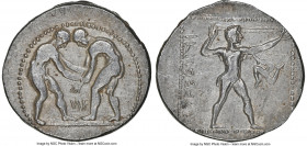 PAMPHYLIA. Aspendus. Ca. 380-250 BC. AR stater (24mm, 12h). NGC VF, brushed. Two wrestlers grappling; NF between (the N retrograde) / Slinger standing...