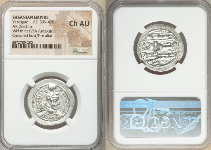 SASANIAN KINGDOM. Yazdgard (Yazdgird) I (AD 399-420). AR drachm (27mm, 3h). NGC ...