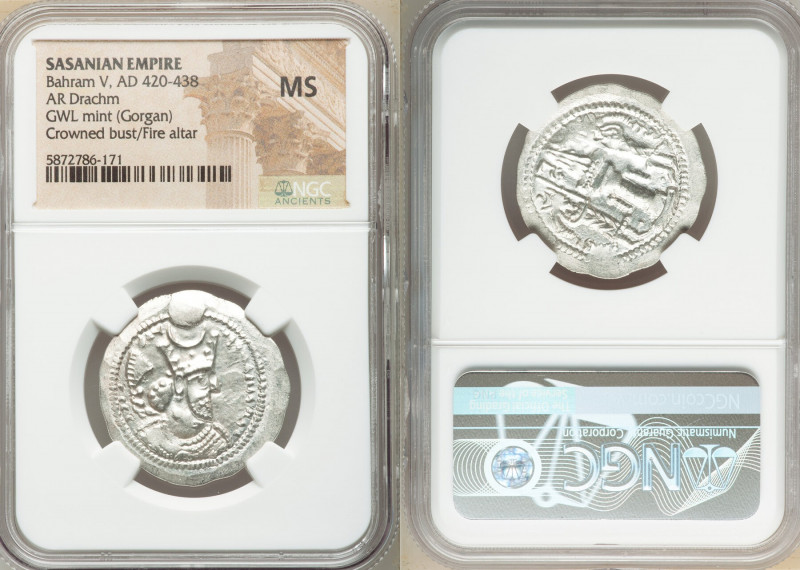 SASANIAN KINGDOM. Bahram V (Vahram) (AD 420-438). AR drachm (28mm, 4h). NGC MS. ...