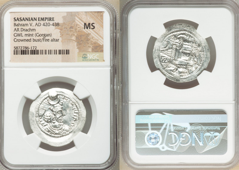 SASANIAN KINGDOM. Bahram V (Vahram) (AD 420-438). AR drachm (29mm, 3h). NGC MS. ...