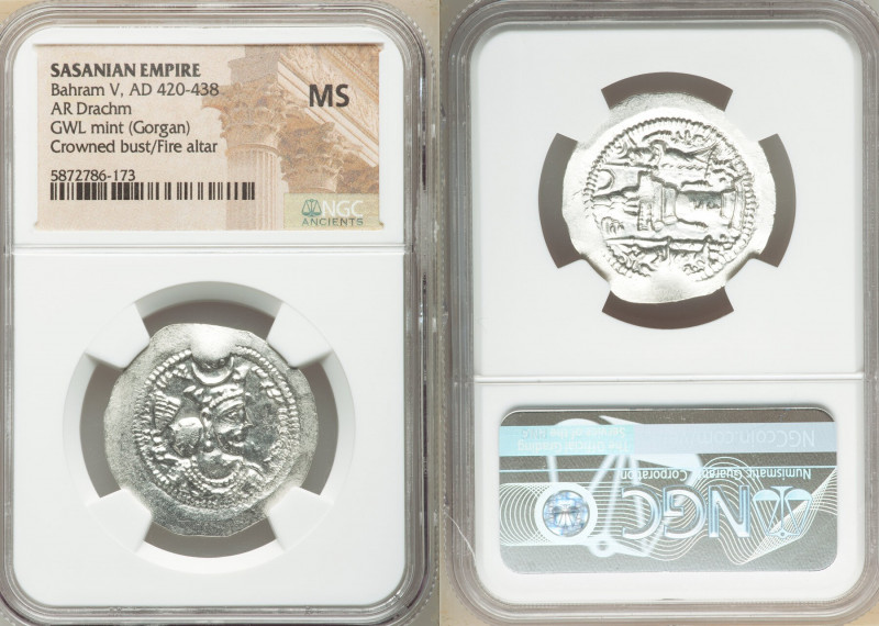 SASANIAN KINGDOM. Bahram V (Vahram) (AD 420-438). AR drachm (29mm, 3h). NGC MS. ...