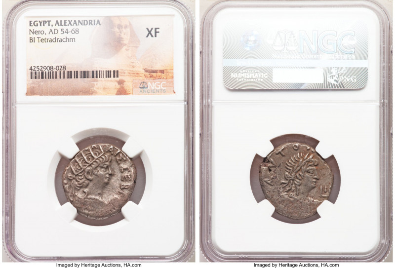 EGYPT. Alexandria. Nero (AD 54-68). BI tetradrachm (24mm, 12h). NGC XF. ΝΕΡΩ ΚΛΑ...