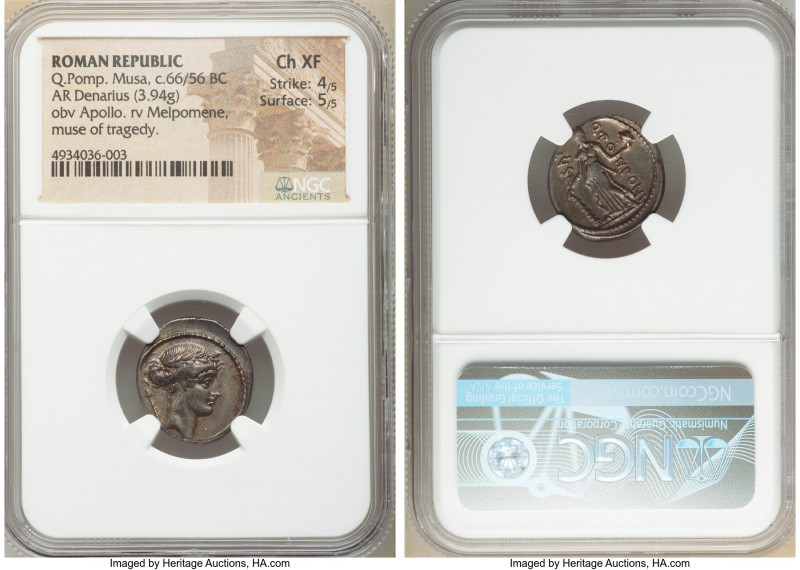 Q. Pomponius Musa (66/56 BC). AR denarius (19mm, 3.94 gm, 5h). NGC Choice XF 4/5...