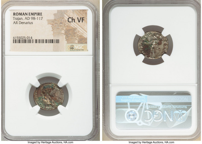 Trajan (AD 98-117). AR denarius (18mm, 6h). NGC Choice VF. Rome, AD 114-117. IMP...