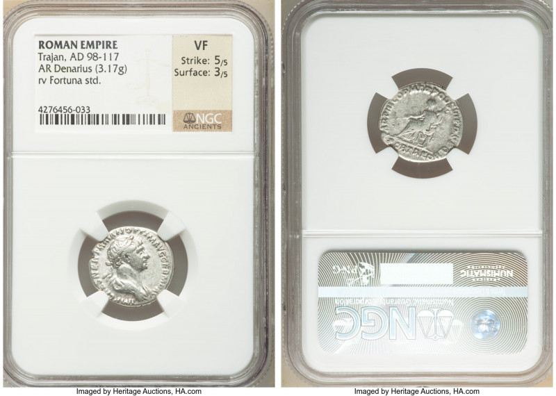 Trajan (AD 98-117). AR denarius (18mm, 3.17 gm, 7h). NGC VF 5/5 - 3/5. Rome, AD ...