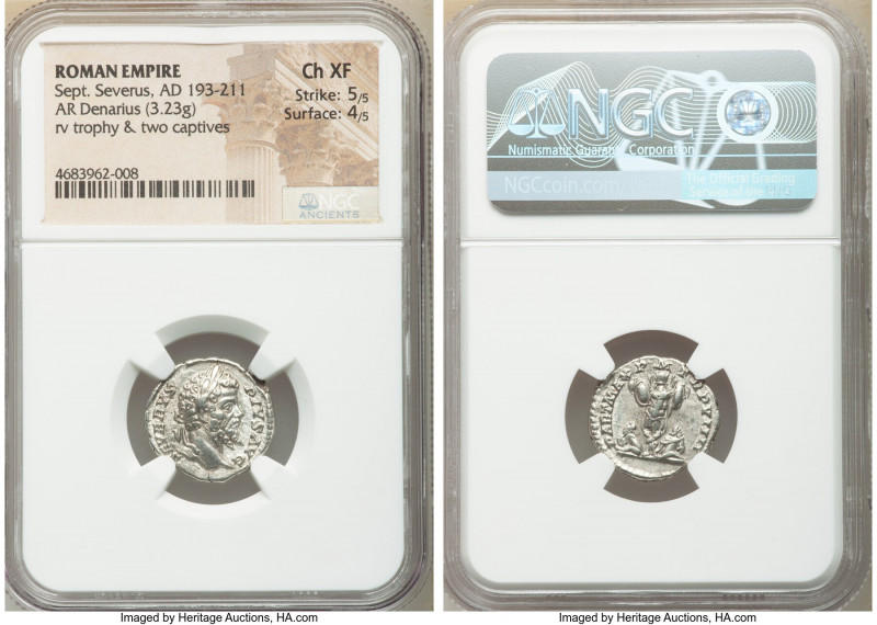 Septimius Severus (AD 193-211). AR denarius (18mm, 3.23 gm, 1h). NGC Choice XF 5...