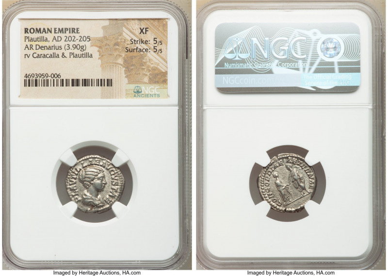 Plautilla (AD 202-205). AR denarius (18mm, 3.90 gm, 11h). NGC XF 5/5 - 5/5. Rome...