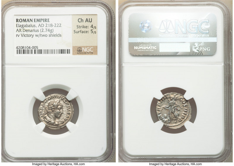 Elagabalus (AD 218-222). AR denarius (19mm, 2.74 gm, 12h). NGC Choice AU 4/5 - 5...