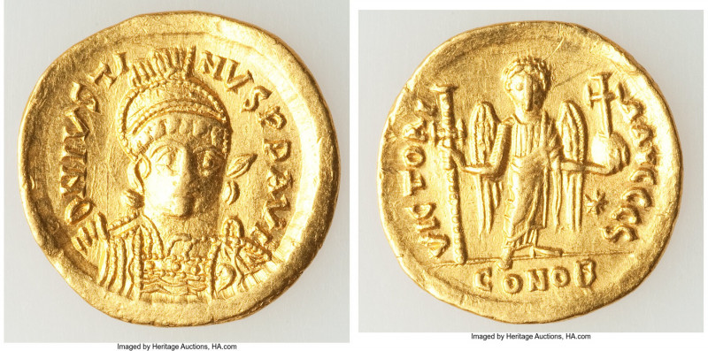 Justin I (AD 518-527). AV solidus (20mm, 4.42 gm, 6h). Choice VF, graffiti, scra...