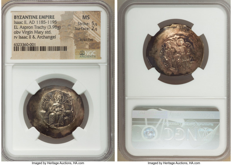 Isaac II Angelus (AD 1185-1195). EL aspron trachy (29mm, 3.98 gm, 5h). NGC MS 5/...