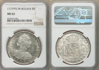 Charles III 8 Reales 1777 PTS-PR MS62 NGC, Potosi mint, KM55. Lightly toned satin surfaces with bold strike. 

HID09801242017

© 2022 Heritage Auc...