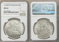 Charles III 8 Reales 1778 PTS-PR MS62 NGC, Potosi mint, KM55. Blast white with reverse exhibiting cartwheel luster. 

HID09801242017

© 2022 Herit...