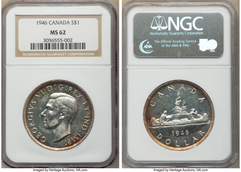 George VI Dollar 1946 MS62 NGC, Royal Canadian mint, KM37. Flashy mirrored field...