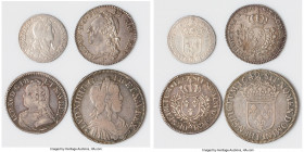 4-Piece Lot of Uncertified Assorted Fractional Ecus, 1) Louis XIV 1/12 Ecu 1660-D - VF, Lyon mint, KM166.4. 20.9mm. 2.25gm 2) Louis XV 1/5 Ecu 1773-A ...