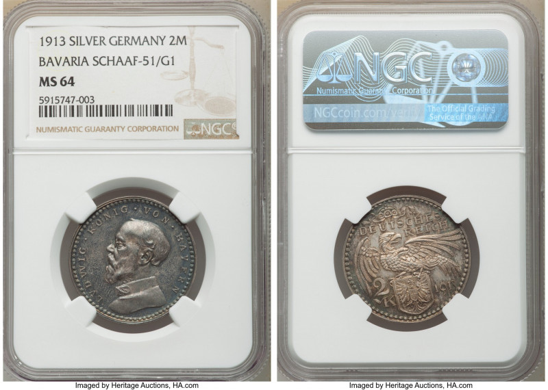 Bavaria. Ludwig III silver Pattern 2 Mark 1913 MS64 NGC, Munich mint, KM-XM1, Sc...