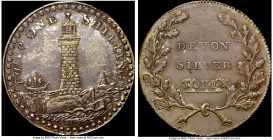 Devonshire silver "Eddystone Lighthouse" Shilling Token ND (c. 1810) MS63 NGC, Davis-1. VALUE ONE SHILLING lighthouse with sailing ships behind on sea...